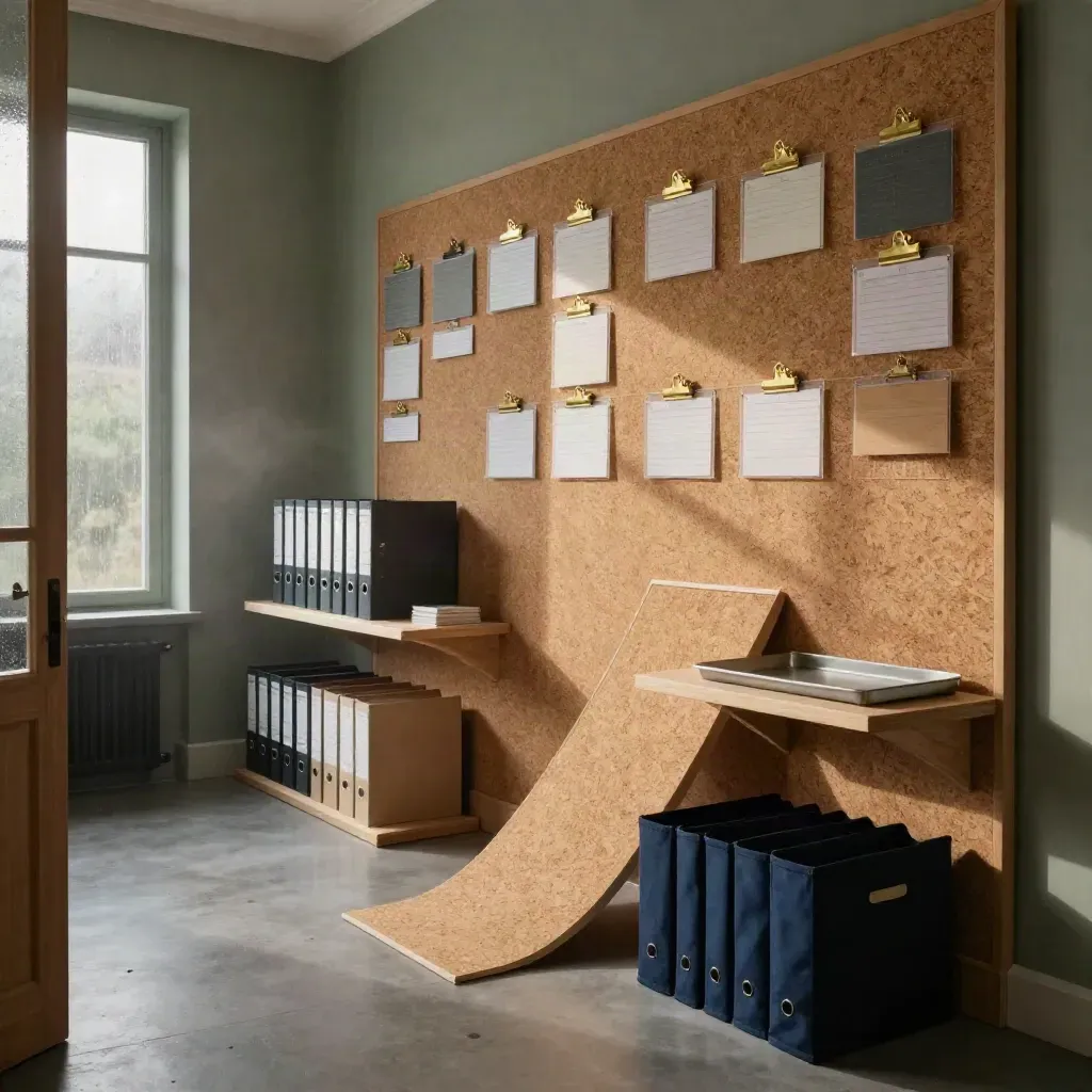 Cinematic audit wall with modular cards, binders and oak ledges in a rain-cooled operations room
