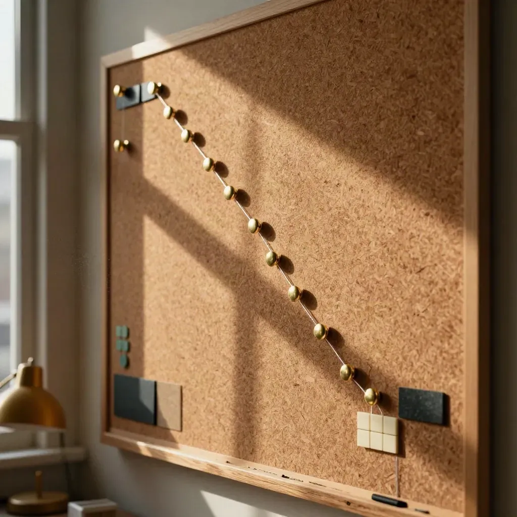 Overhead cork workflow map with brass pins, string and tabs in warm late-afternoon light.