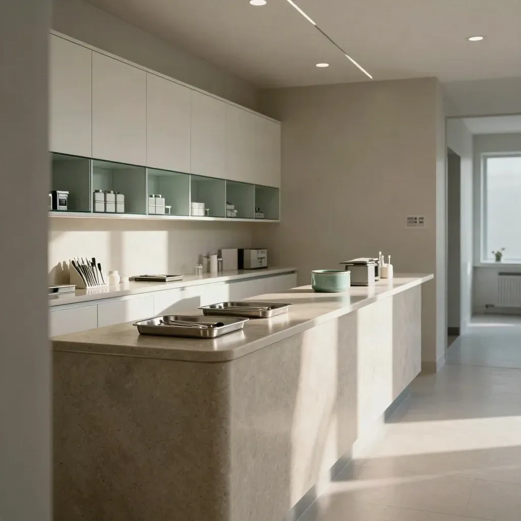 Dental reception and sterilization bay with aligned trays and polished stone counter