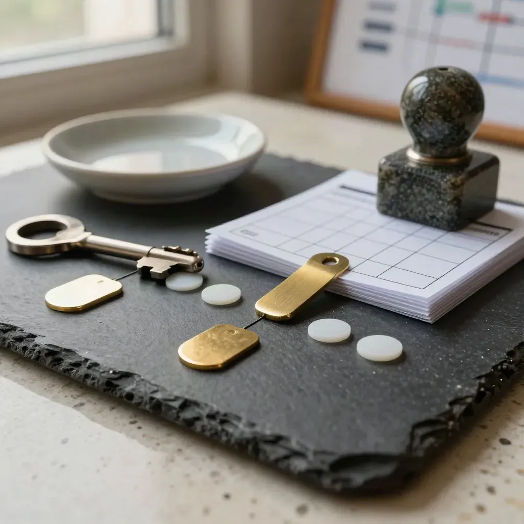Macro still life of process-mapping tools on travertine with brass clips and magnetic chips.