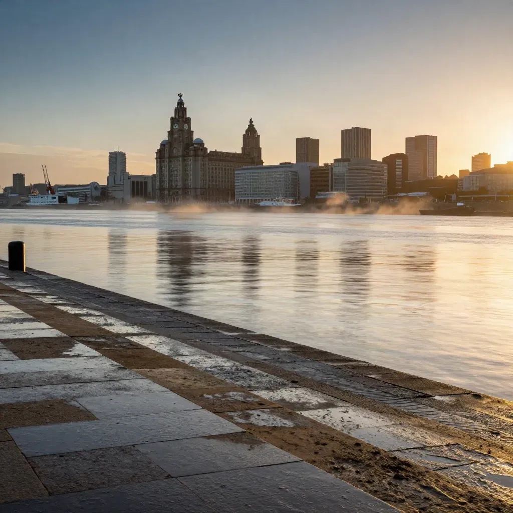 Liverpool waterfront at sunset with wet quays, calm water, and skyline high in warm haze